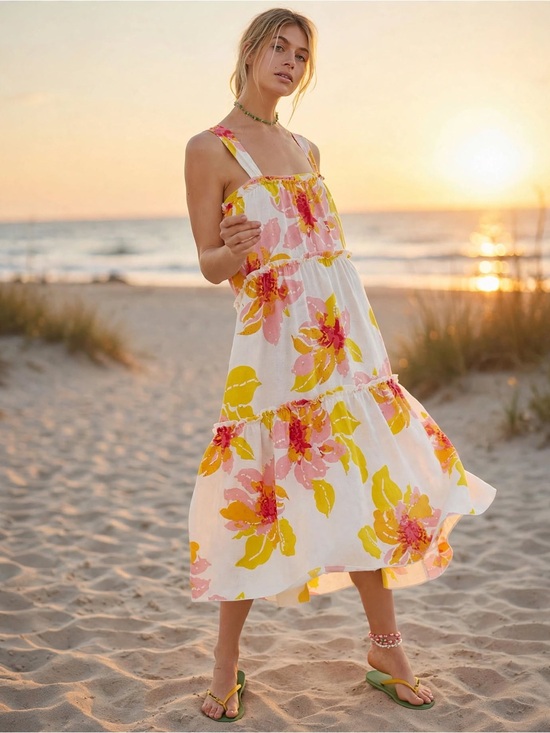 Dresses & Skirts - Free People Dress Moonshine Linen Blend White Pastel Floral Midi Tiered  Small